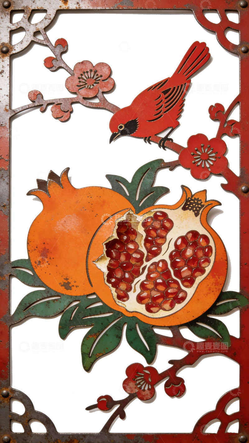 高清大图下载【趣麦麦图】节日春节传统中式花鸟石榴装饰画
