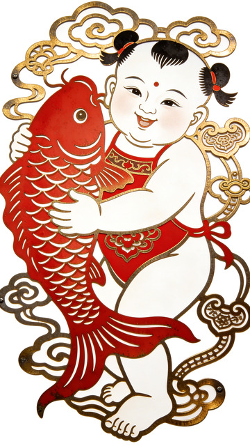 春节过年年画风格鲤鱼童子装饰画