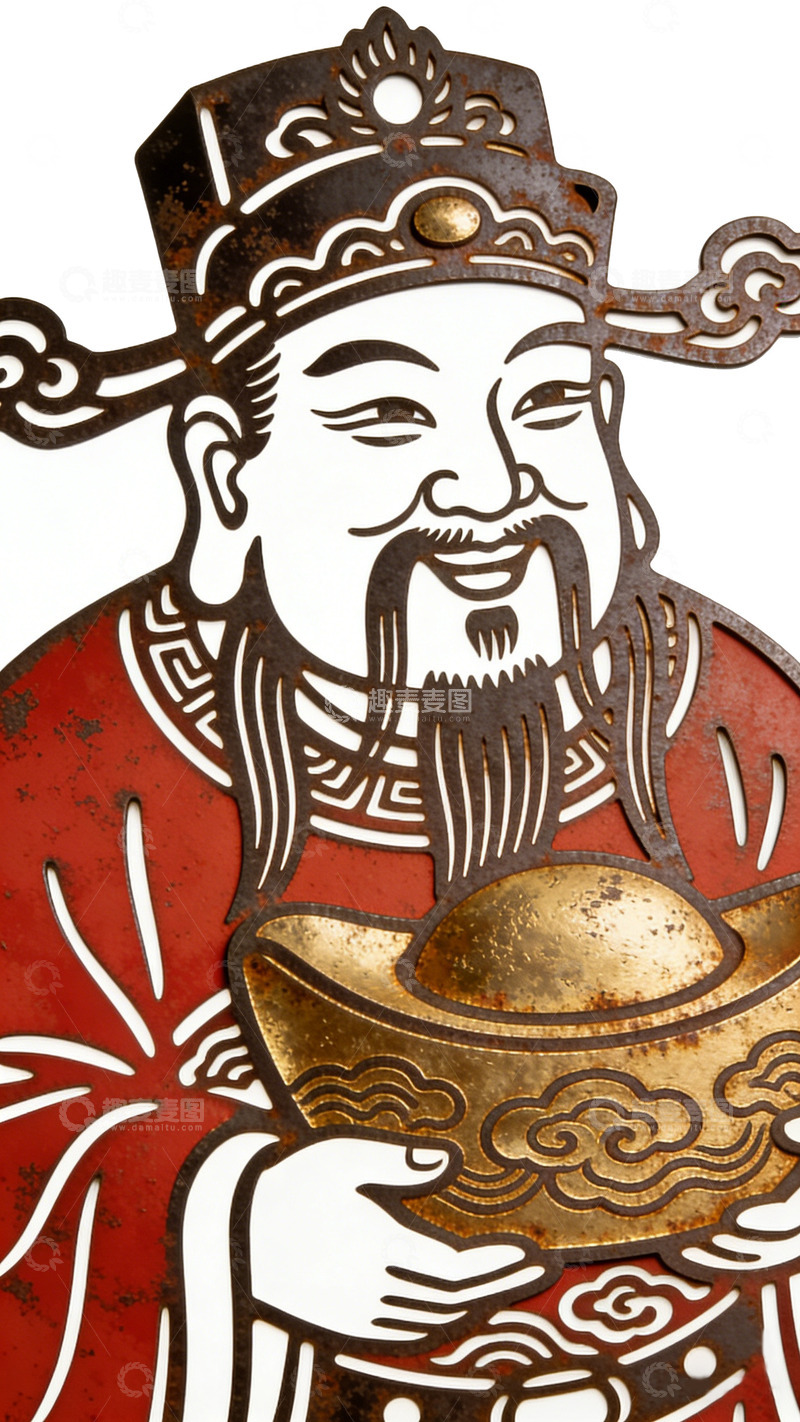 高清大图下载【趣麦麦图】传统财神爷金属浮雕装饰画