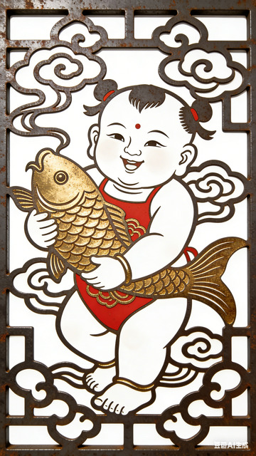 春节传统年画娃娃鱼纹装饰图案