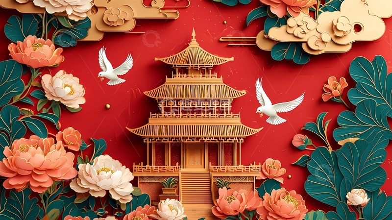 高清大图下载【趣麦麦图】纸艺中国风古建筑花卉图案设计素材
