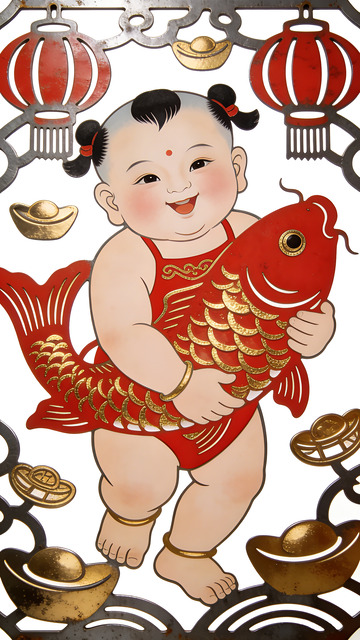 中国传统年画娃娃与鱼