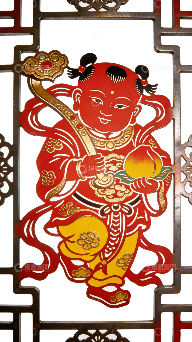 高清大图下载【趣麦麦图】春节传统年画娃娃剪纸装饰