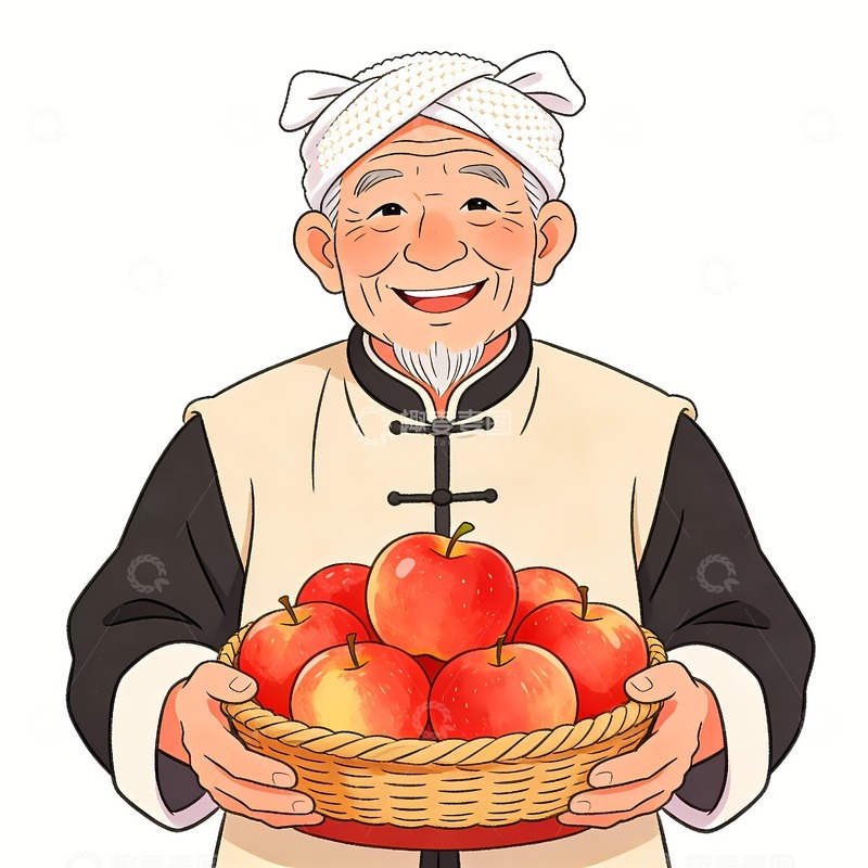 高清大图下载【趣麦麦图】陕北老头抱着一筐红富士