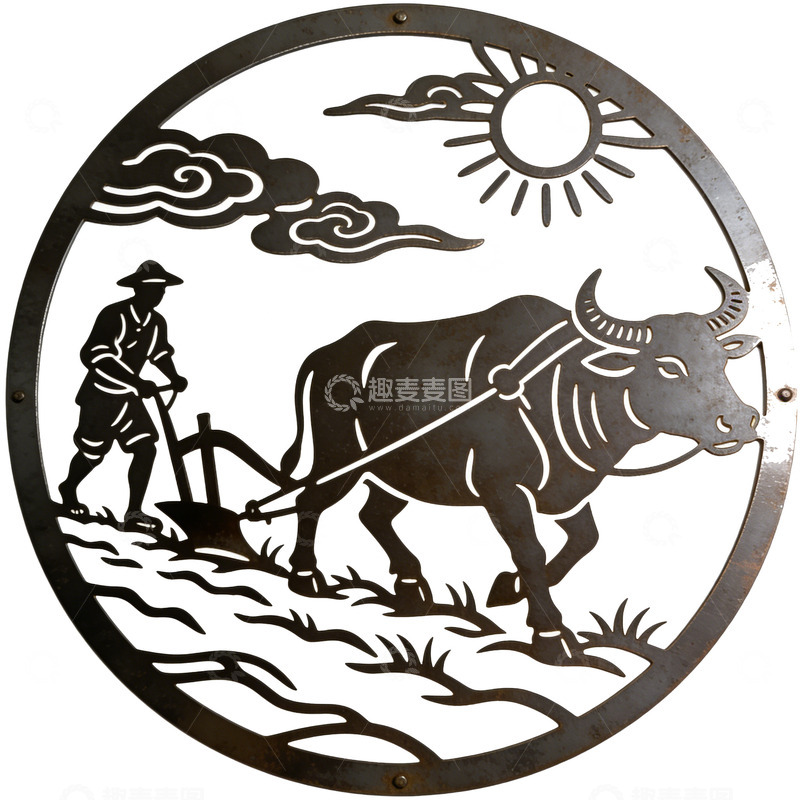 高清大图下载【趣麦麦图】金属浮雕农耕场景装饰挂件