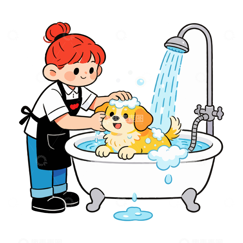 源文件下载【趣麦麦图】-卡通风宠物洗澡插画