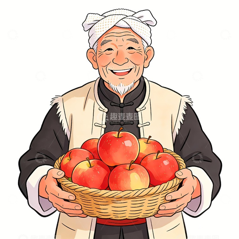 高清大图下载【趣麦麦图】抱着红富士笑眯眯的老头
