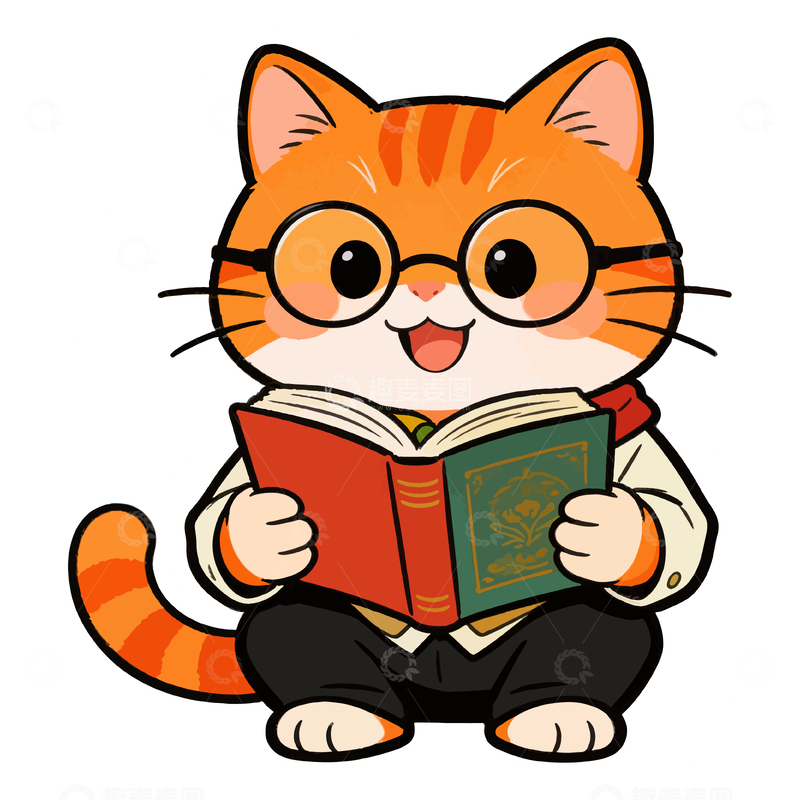 源文件下载【趣麦麦图】-卡通猫咪读书图案