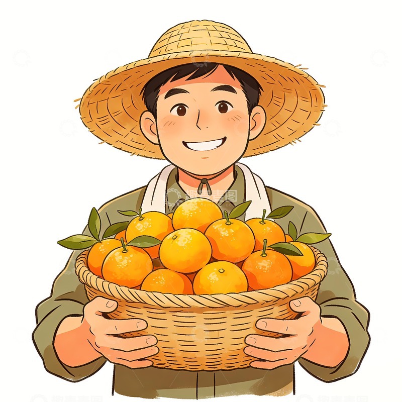 高清大图下载【趣麦麦图】抱着一筐桔子的农民