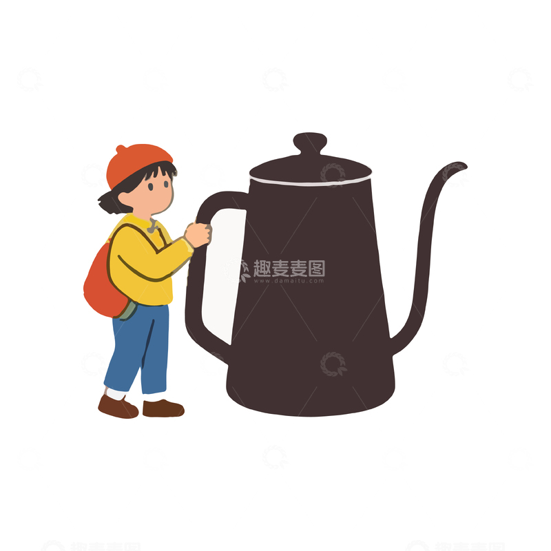 源文件下载【趣麦麦图】-卡通儿童与咖啡壶插图
