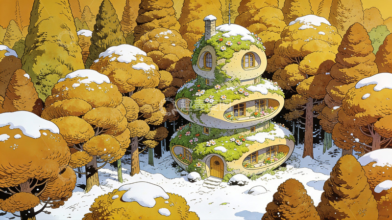 高清大图下载【趣麦麦图】梦幻森林奇特建筑插画