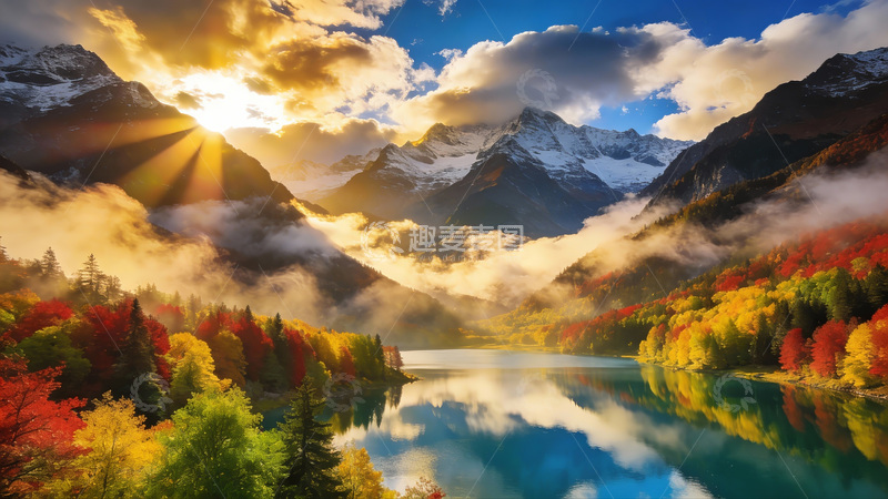 高清大图下载【趣麦麦图】秋日湖畔山景油画风光