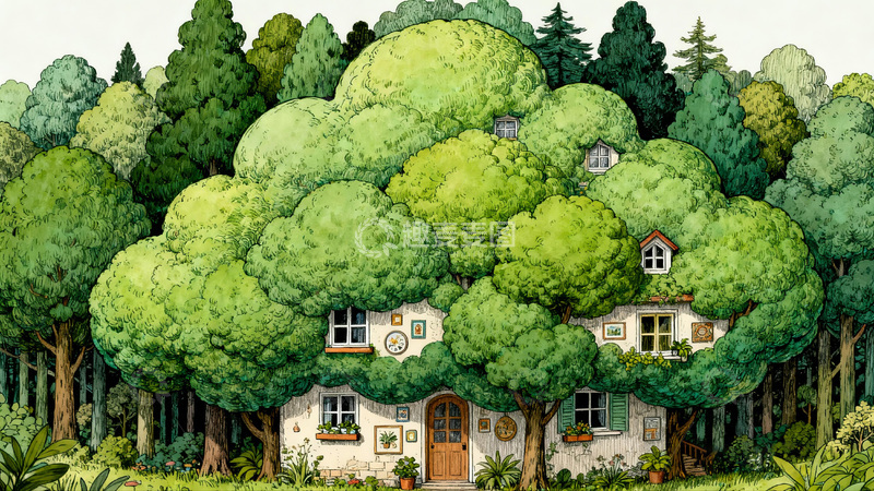 高清大图下载【趣麦麦图】森林小屋插画
