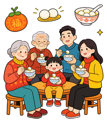 卡通春节团圆吃汤圆
