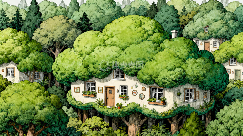 高清大图下载【趣麦麦图】森林小屋水彩画