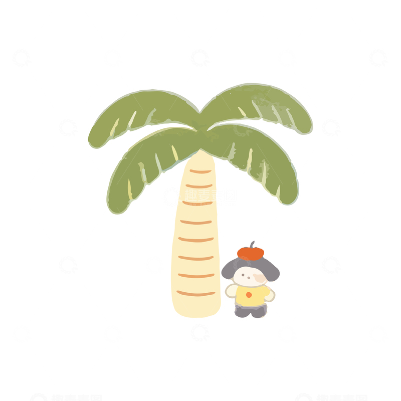 源文件下载【趣麦麦图】卡通棕榈树与小企鹅插画