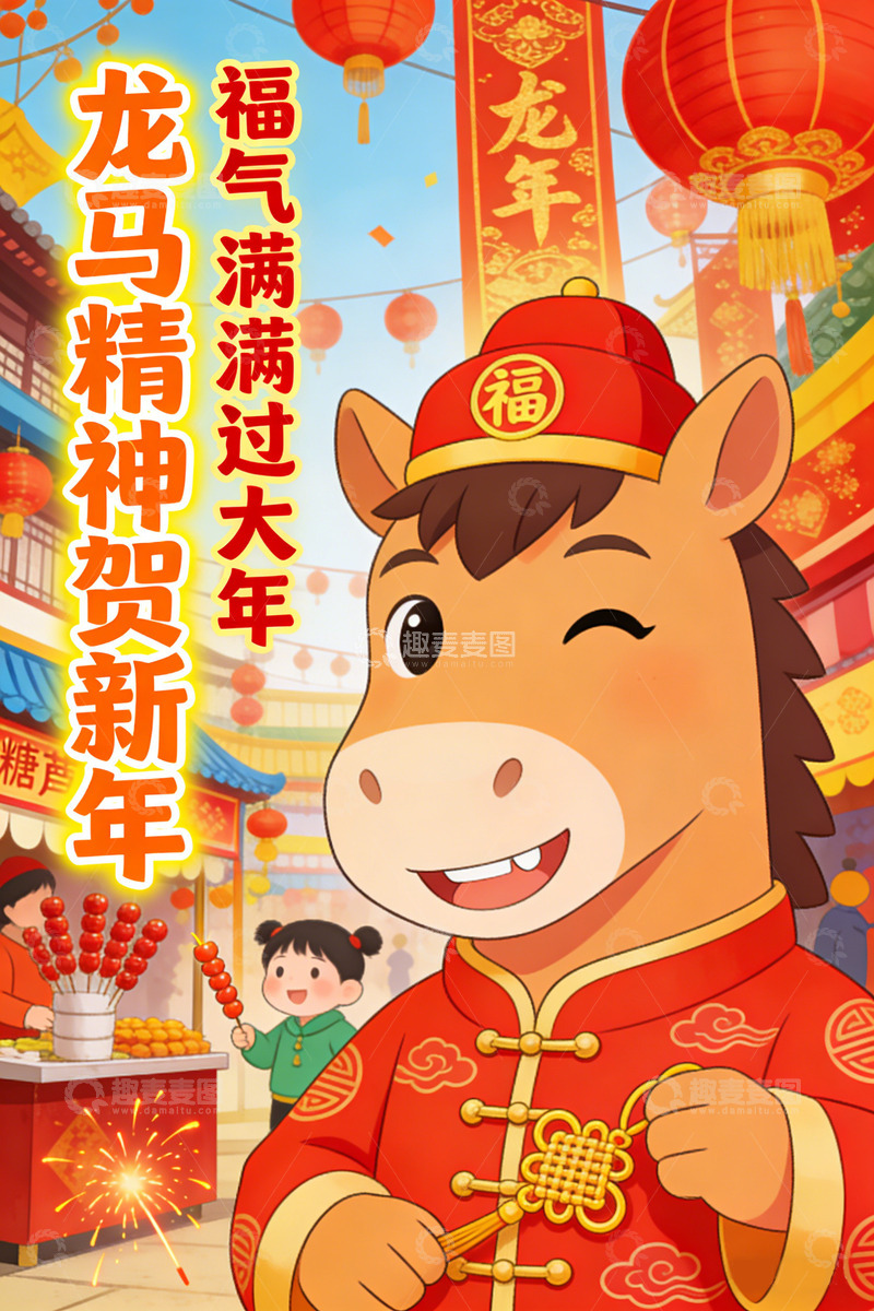 高清大图下载【趣麦麦图】马年海报喜庆中国风龙年贺岁插画