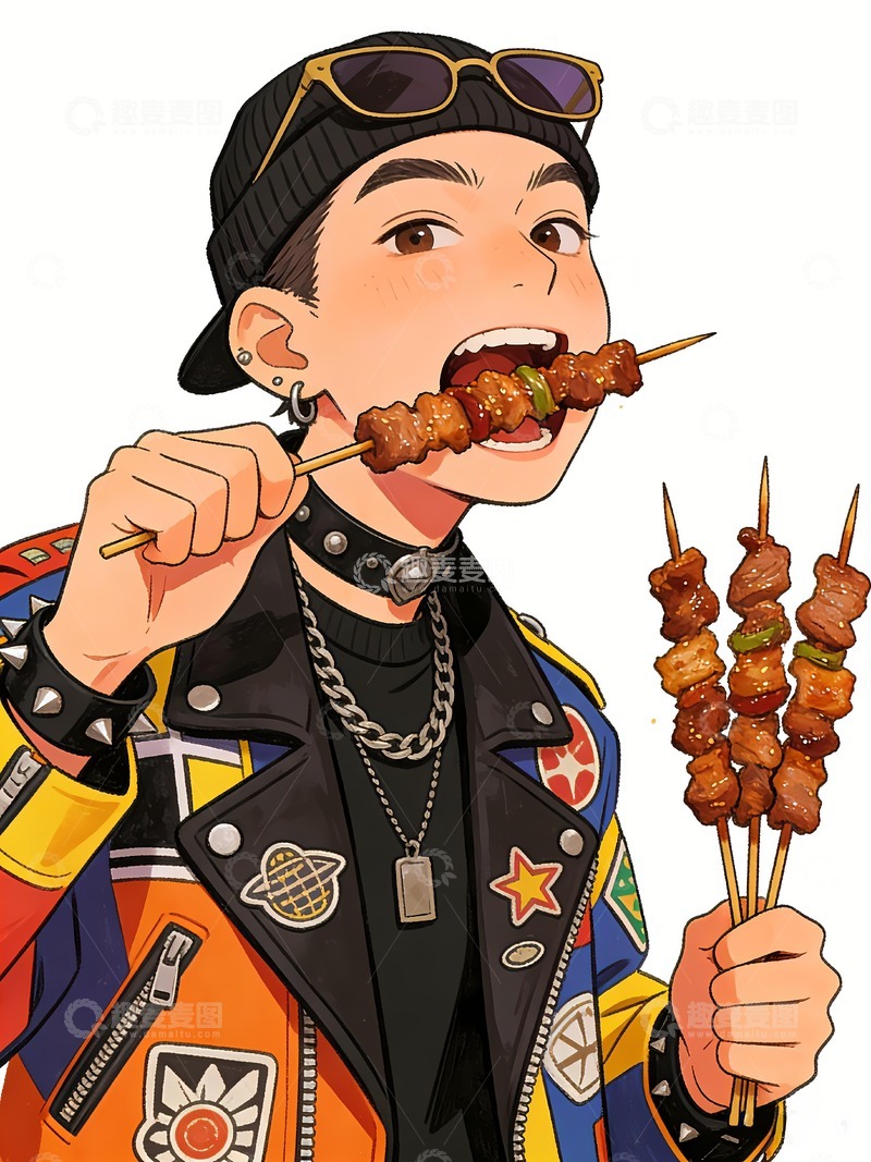 高清大图下载【趣麦麦图】打扮潮流的男孩在吃烤肉