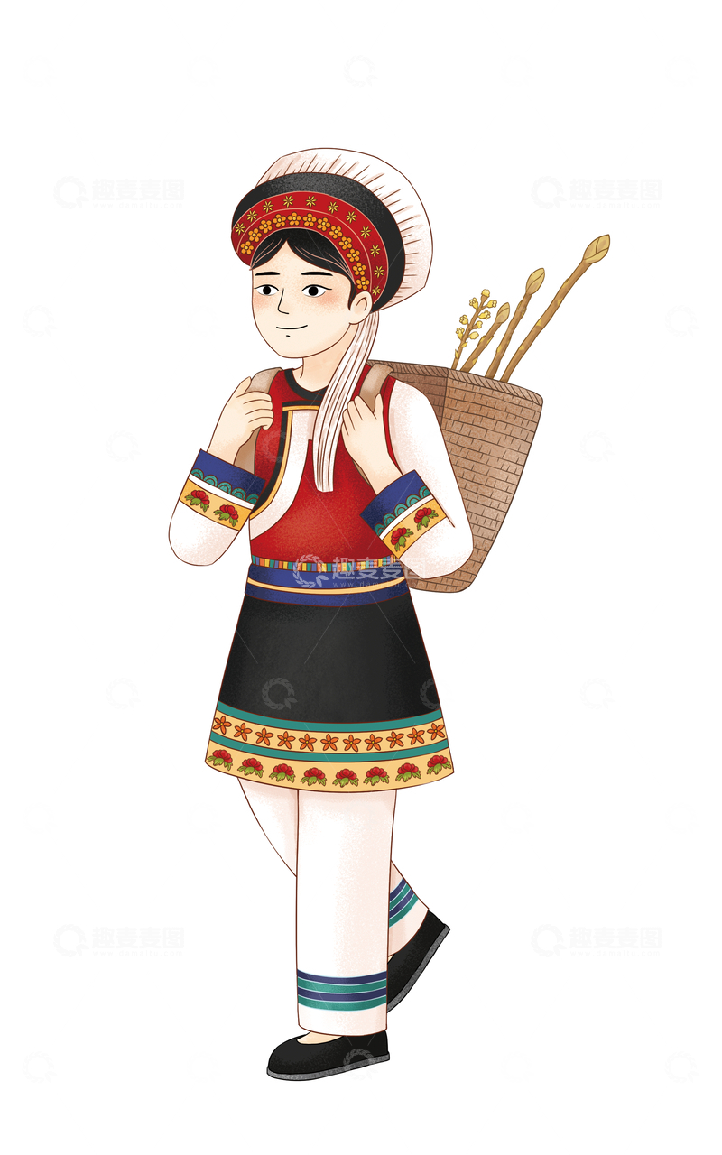 源文件下载【趣麦麦图】云南少数民族少女背竹篓出行插画