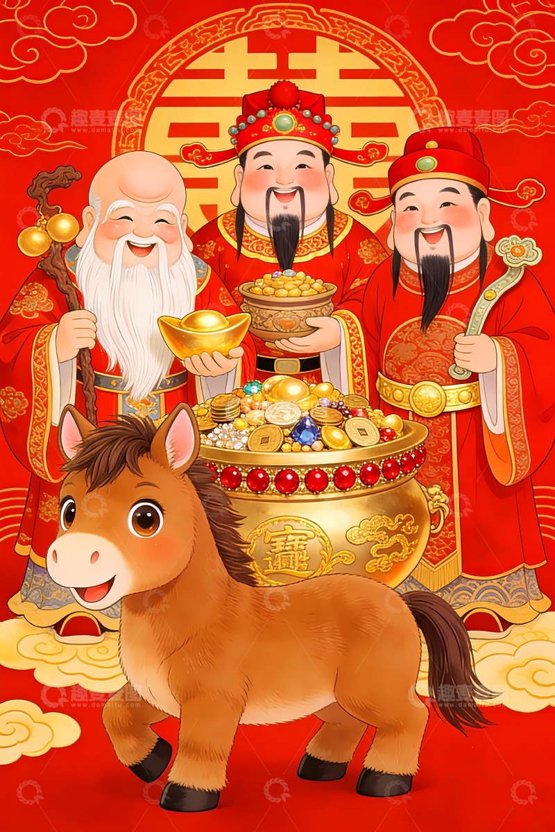 高清大图下载【趣麦麦图】福禄寿三位财神爷