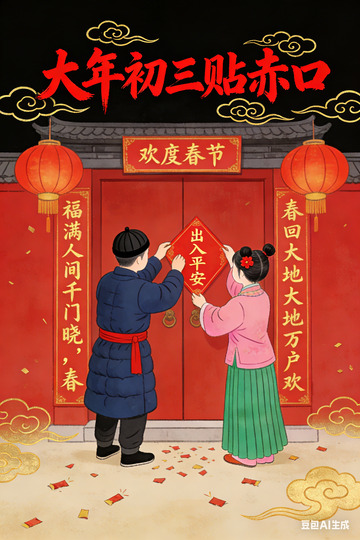 中国风大年初三贴春联插画