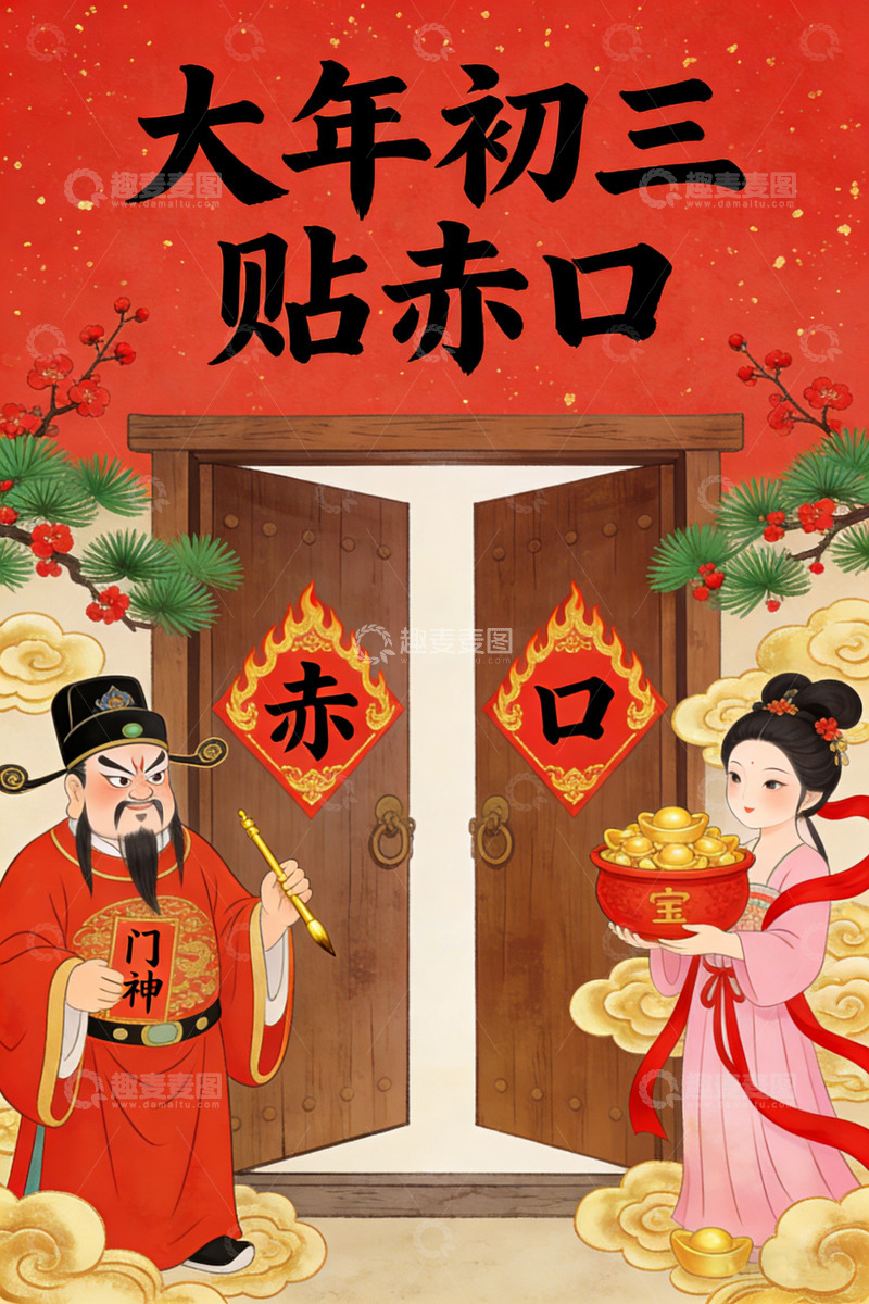 高清大图下载【趣麦麦图】传统中国风大年初三贴赤口海报