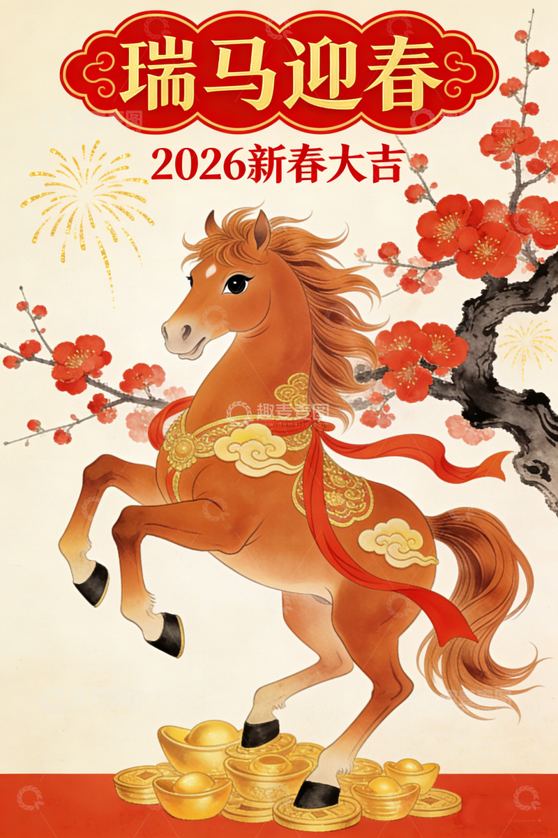 高清大图下载【趣麦麦图】瑞马迎春新春插画马年海报