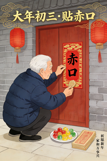 中国风大年初三贴春联插画