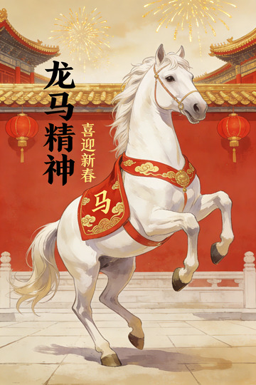 马年海报新春白马喜庆插画