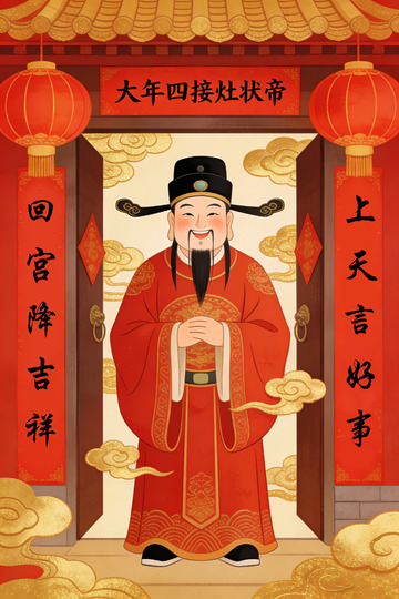 传统中国风春节接灶神插画