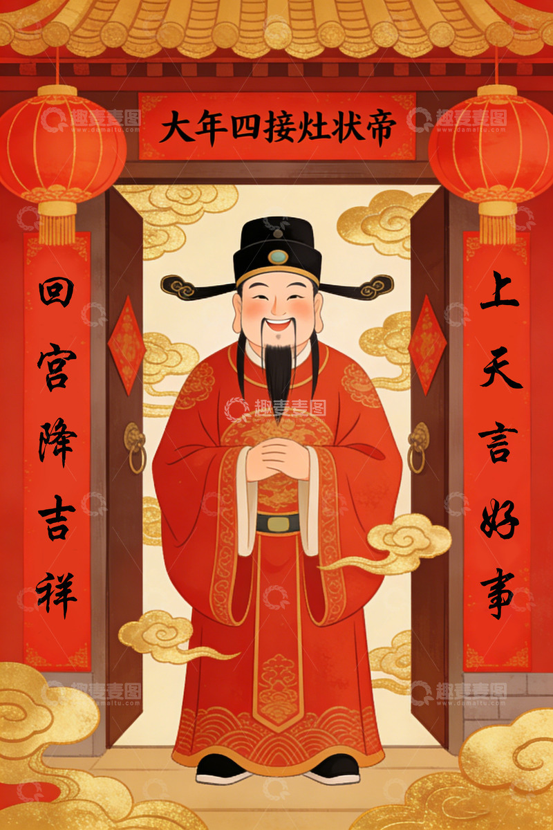 高清大图下载【趣麦麦图】传统中国风春节接灶神插画