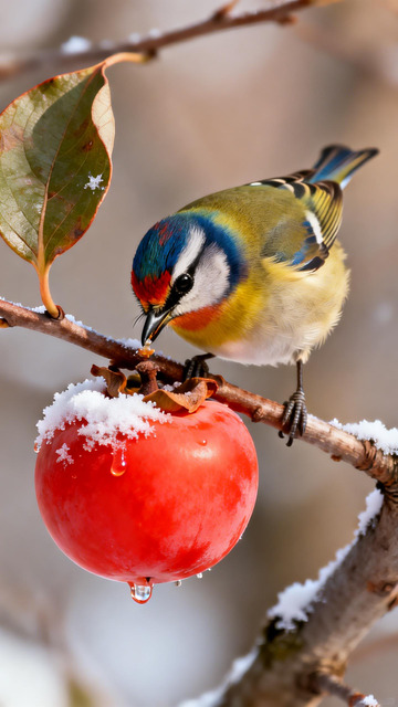 冬日鸟儿苹果雪景摄影