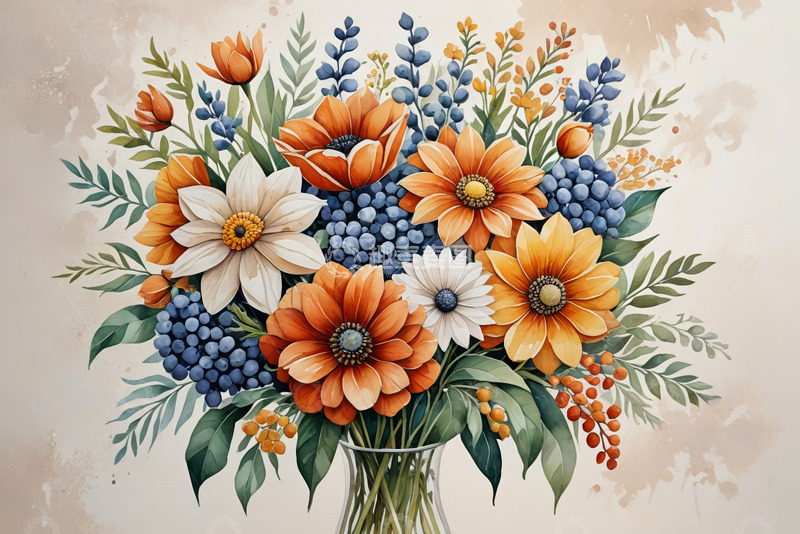 高清大图下载【趣麦麦图】插画风格花瓶中的多彩花卉