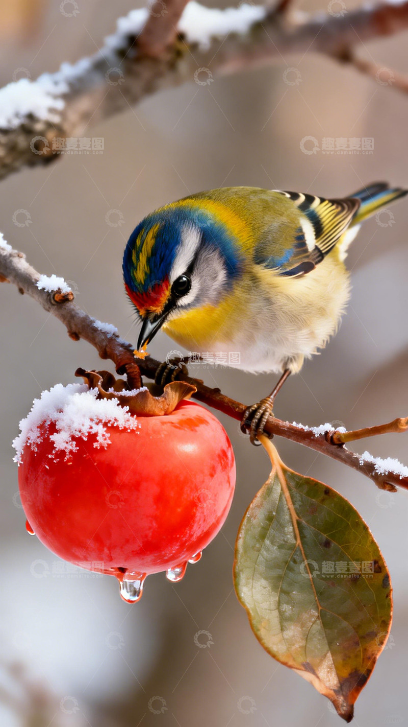 高清大图下载【趣麦麦图】冬日鸟儿啄食雪苹果