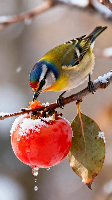 冬日鸟儿雪柿图
