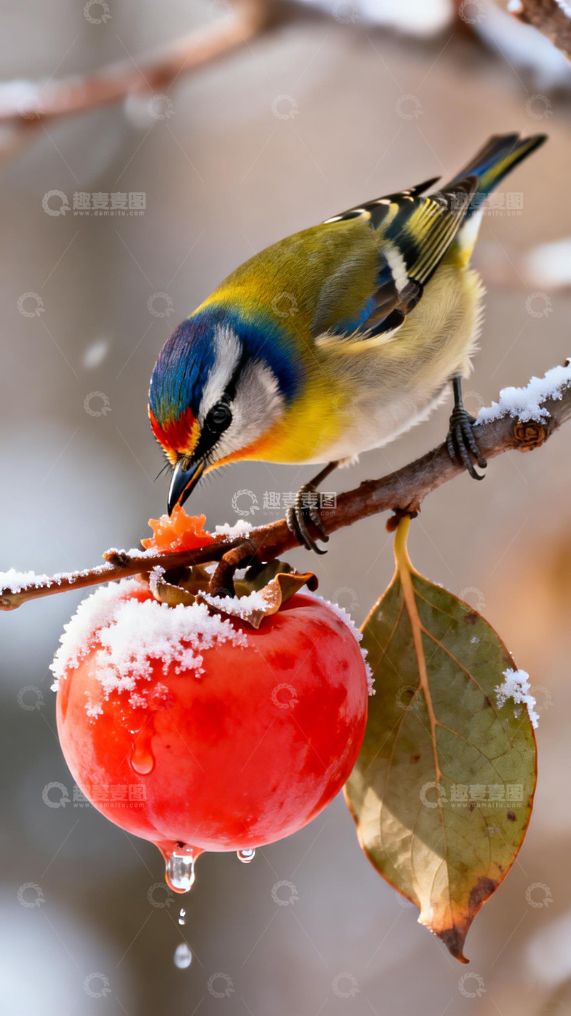 高清大图下载【趣麦麦图】冬日鸟儿雪柿图
