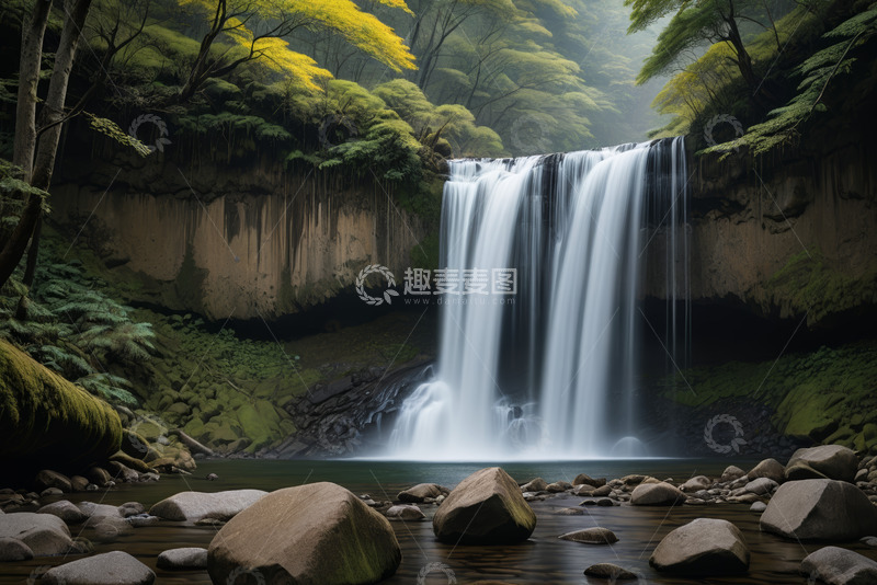 高清大图下载【趣麦麦图】森林中的瀑布自然景观