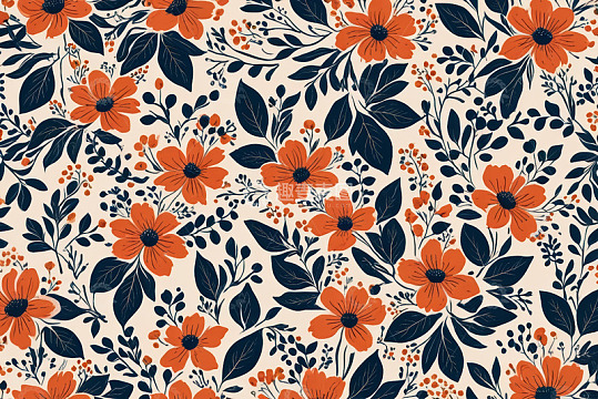 橙色花卉植物无缝图案背景