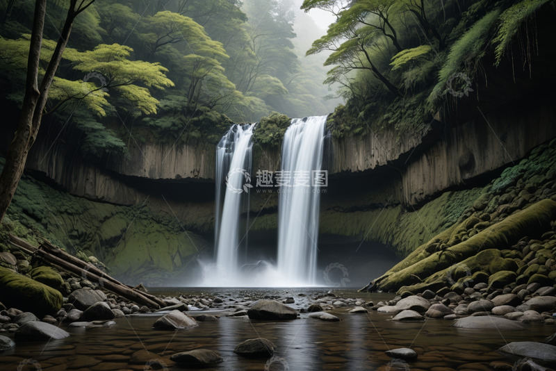 高清大图下载【趣麦麦图】森林中的瀑布自然景观