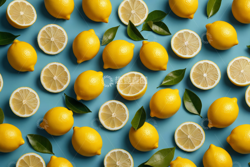 高清大图下载【趣麦麦图】蓝色背景上的柠檬及柠檬切片