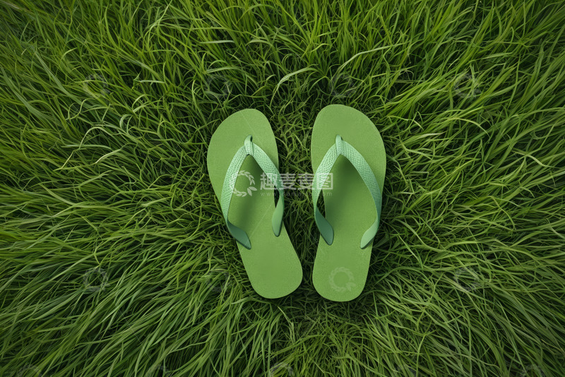 高清大图下载【趣麦麦图】草地上的绿色人字拖