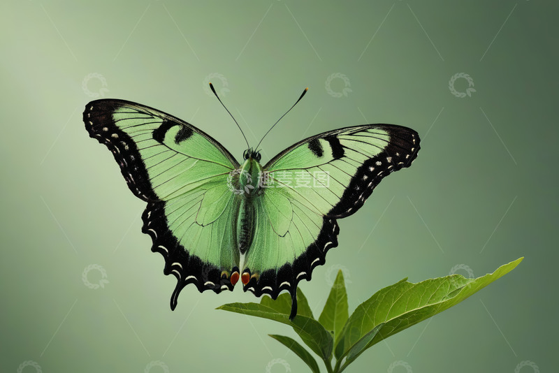 高清大图下载【趣麦麦图】绿叶上的绿色蝴蝶特写