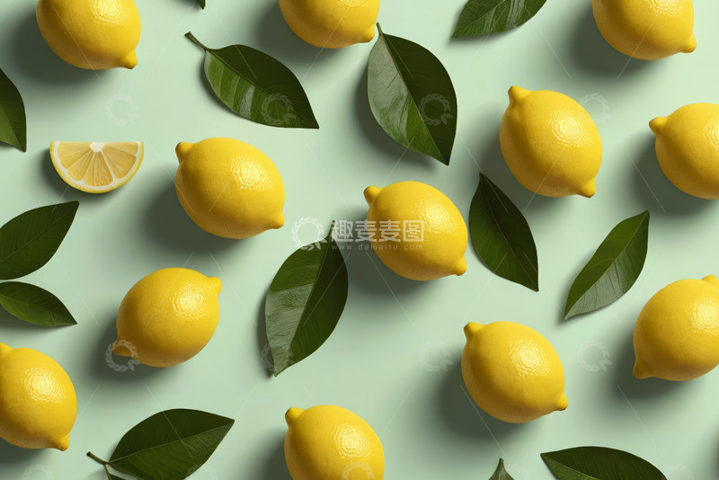 高清大图下载【趣麦麦图】绿色背景上的柠檬与柠檬叶