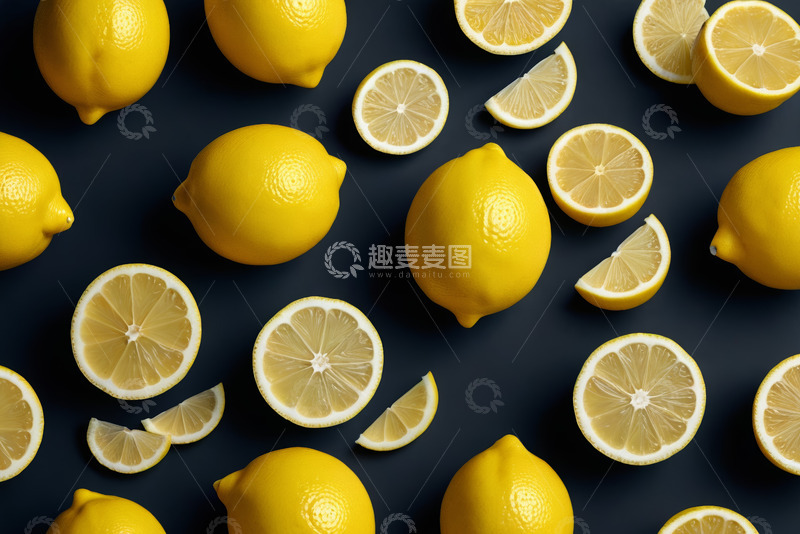 高清大图下载【趣麦麦图】黑色背景上的柠檬及柠檬切片