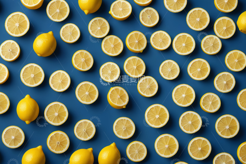 高清大图下载【趣麦麦图】蓝色背景上的柠檬及柠檬切片
