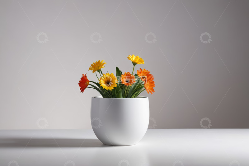 高清大图下载【趣麦麦图】白色花盆中盛放的多彩鲜花