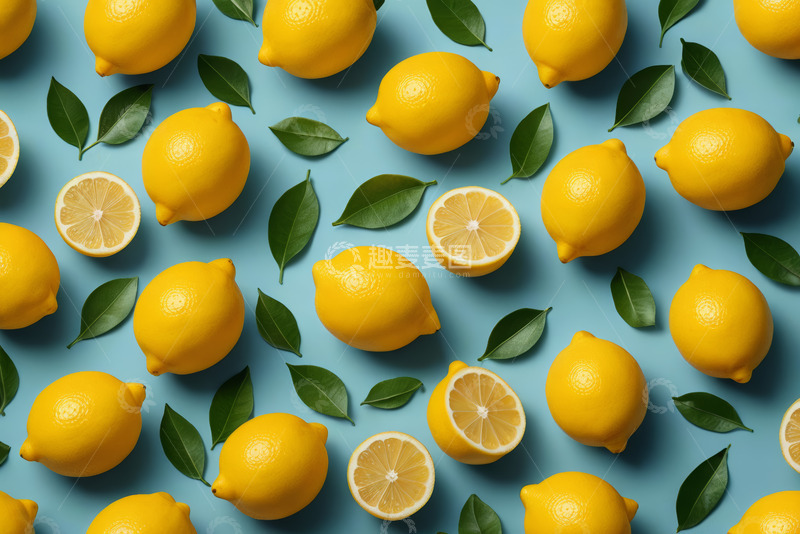 高清大图下载【趣麦麦图】蓝色背景上的柠檬与绿叶