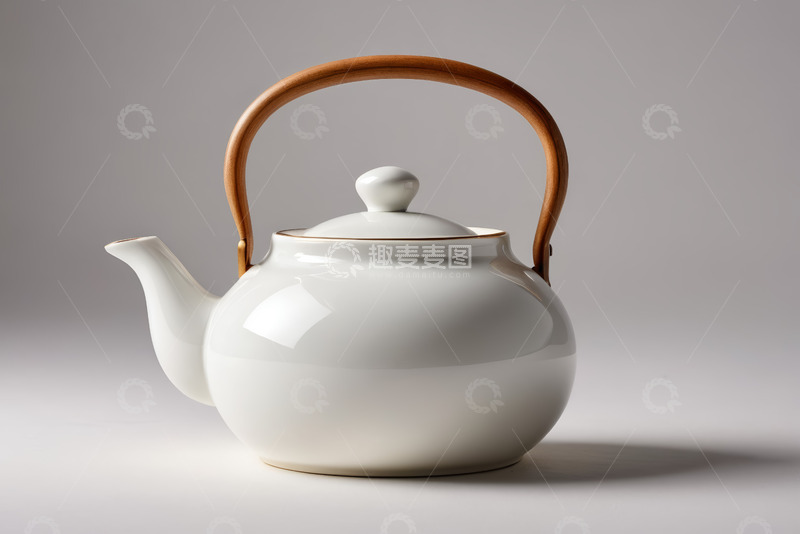 高清大图下载【趣麦麦图】白色茶壶带木质提手特写