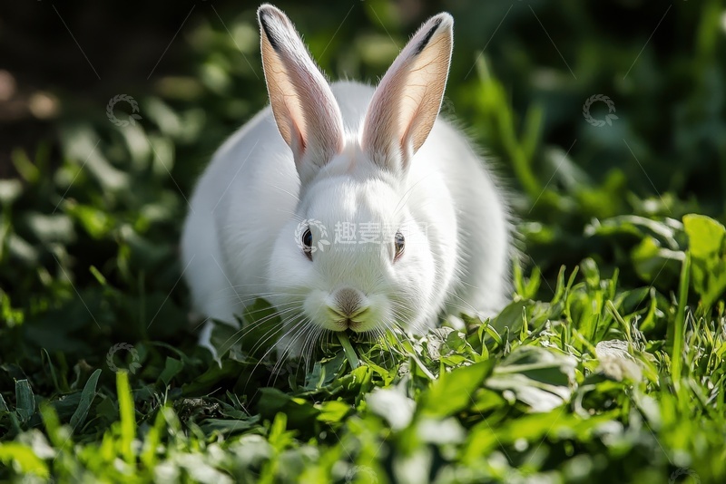 高清大图下载【趣麦麦图】草地上吃草的小白兔