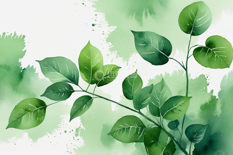 高清大图下载【趣麦麦图】水彩风格绿色植物枝叶画面
